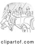 Clip Art of a Coloring Page of a Vintage Morning Person Approaching a Car Pool Ride of Grumpy People Black and White by Picsburg