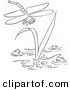 Clip Art of a Dragonfly Flying over Three Frogs in a Pond - Black and White Line Art by Picsburg