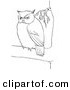 Clip Art of a Fat Owl in a Tree - Black and White Line Art by Picsburg