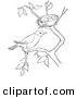 Clip Art of a Robin Resting on a Branch by Her Nest with Eggs - Black and White Line Art by Picsburg