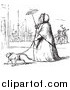 Clip Art of a Vintage Woman Walking a Dog in Black and White by Picsburg