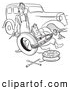 Clip Art of an Old Fashioned Vintage Man and Woman Struggling with Changing a Car Tire Black and White by Picsburg